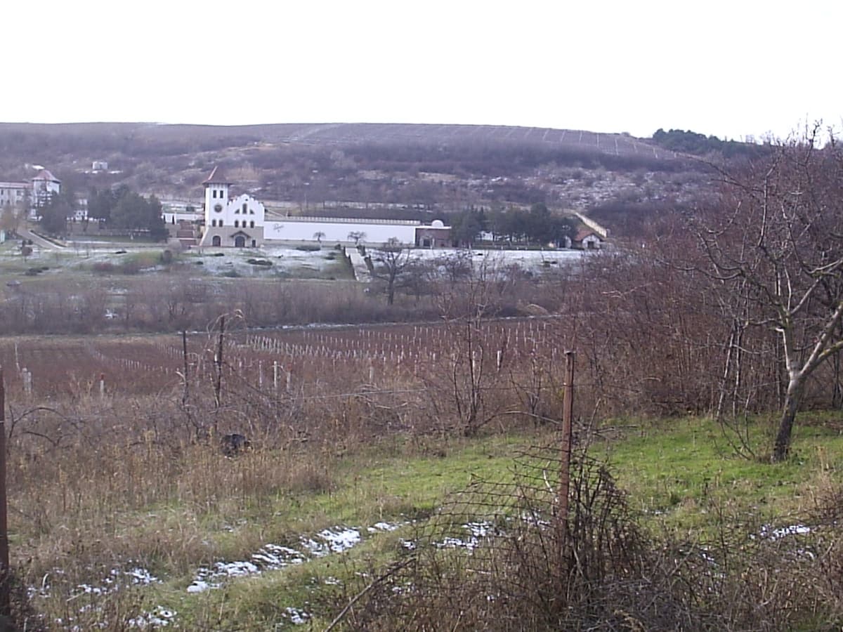 The Purcari winery seen across bare winter vineyards with a dusting of snow